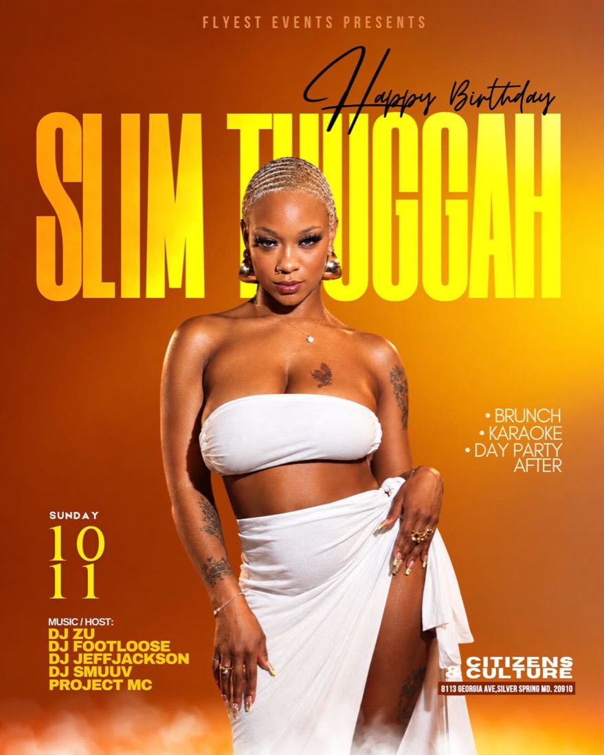 Flyer: Happy Birthday Slim Thuggah, brunch, karaoke and day party, Sunday 10/11